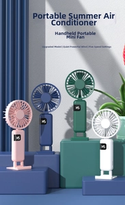 Handheld USB fans in four colors showing digital display and sturdy vertical bases
