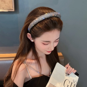 French vintage wide headband with sparkling silver rhinestones on female model