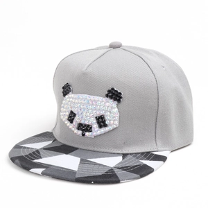 Grey snapback cap featuring a sequined panda and geometric pattern brim for youth