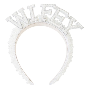 Elegant white satin headband featuring pearl and rhinestone studded WIFEY lettering for brides