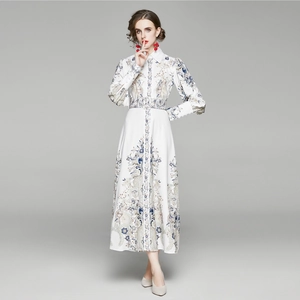 Robe Maxi Imprimé Paisley Rétro Mousseline Col Chemise Manches Bouffantes Avec Ceinture Élégante Longue Pour Femmes