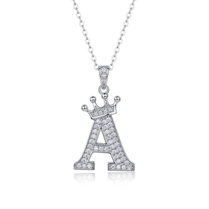 925 silver necklace with letter A crown pendant and sparkling moissanite stones