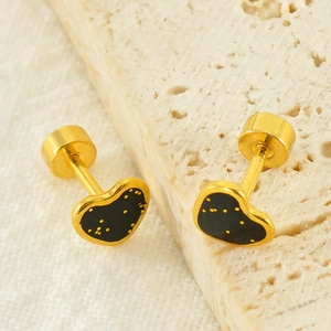 French style heart-shaped titanium steel earrings with black enamel and gold polka dots