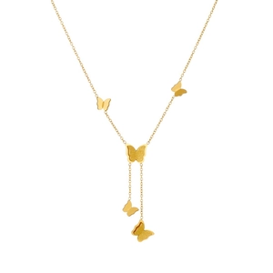 Elegant 18K gold plated Y-necklace with five butterfly charms and tassels on a chain