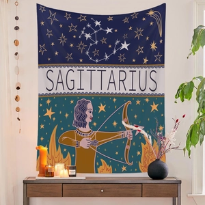 Detail of Sagittarius zodiac tapestry showing the centaur archer design in a cozy room