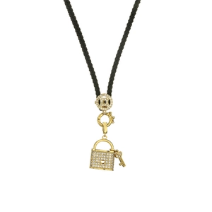 Gold-plated heart lock and key pendant on a black cord necklace with crystal accents