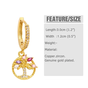 Detail of tree of life earrings with colorful marquise zircons and gold plating