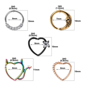 Detailed size chart for nose and cartilage rings with zircon moon and heart designs