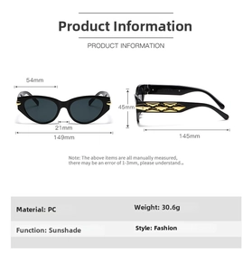 Detailed dimensions of cat-eye sunglasses with gold geometric accents and PC frame