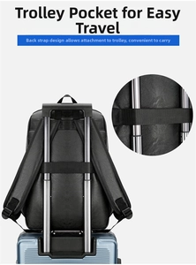 Business travel backpack with luggage strap for securing on suitcase handle