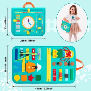 Detailed views of Montessori busy board felt bag with clock, zippers, and calendar features