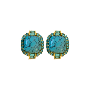 Vintage gold-plated earrings with large turquoise stone and light blue rhinestones