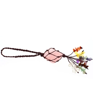 Handmade woven rose quartz raw stone pendant with colorful tumbled chakra crystals