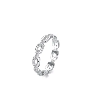 Anello geometrico a catena in argento sterling S925 con zirconi brillanti incastonati