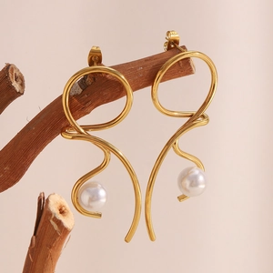 Elegant 18K gold plated knotted metal line earrings with white pearls on a branch