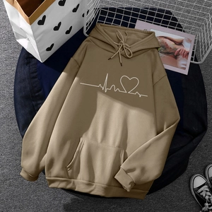 Brown fleece hoodie for men and women featuring minimalist heart print and kangaroo pocket