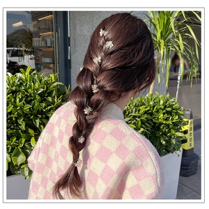 Detailed view of mini transparent camellia hair claws styled on a brown braided hair