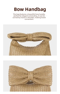 Macro shot of the bow-shaped woven handle texture on a beige straw handbag
