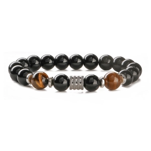 Tiger eye and black onyx beaded bracelet with textured metallic cylinder charm