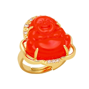 Chinese style laughing Buddha open ring in red finish with gold band and crystals