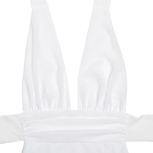Detail of elegant white halter dress showing deep V-neckline and refined waist pleats