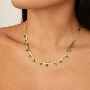 Baguette Zircon Tassel Necklace Stainless Steel Snake Bone Chain Choker For Women Elegant Geometric Jewelry Minimalist