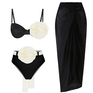 Bikini Top And High Waist Bottom With Sarong Cover Up 3D Flower Decor Contrast Color Beach Swimwear Women