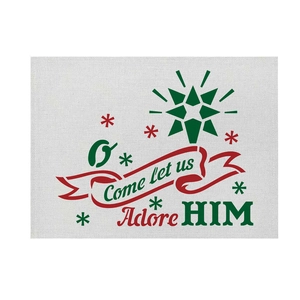 Detail of linen texture and O Come let us Adore HIM print on festive Christmas placemat