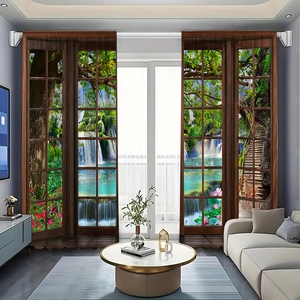 Detail of 3D forest waterfall print curtains hanging in a modern sunlit living room