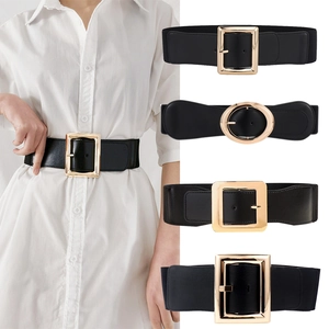 Women Wide Corset Belt Elastic Waistband PU Leather Gold Metal Square Buckle Decorative Waist Cinch For Dress Coat Fashion Elegant Accessory