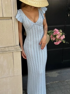 Robe Maxi Tricot Crochet Femmes Col V Manches Volantées Dos Nu Moulante Sirène Vacances Plage Couleur Unie