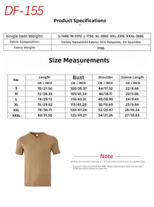 Detailed size chart for men's stretch Henley shirt showing measurements from S to 3XL