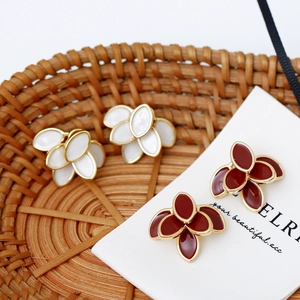 French Vintage Enamel Flower Petal Stud Earrings With 925 Sterling Silver Earring Post Copper Elegant Earrings For Women Jewelry