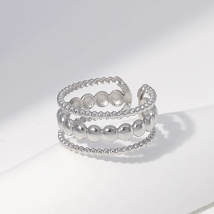 Bague multicouche ajustable en perles d'acier inoxydable argenté pour femmes élégantes