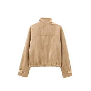 Back view of camel suede cropped jacket with mock neck and elastic waist detail