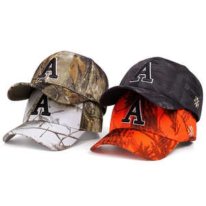 Collection of camouflage baseball caps featuring embroidered letter A in four various styles