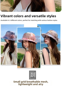 Breathable checkered sun hat with floral silk bow detail shown in seaside settings