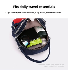 Macro view of blue oxford fabric crossbody bag showing organized interior storage space