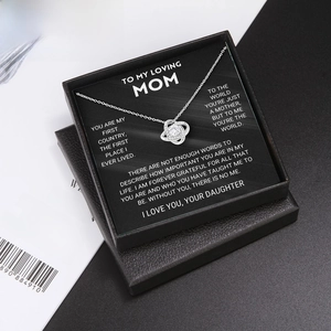 Elegant silver knot necklace with zircon pendant in gift box and message card for mom