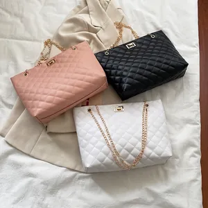 Women Quilted Shoulder Bag PU Leather Diamond Pattern Large Capacity Gold Chain Strap Korean Style Tote