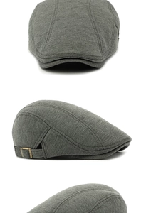 Detailed views of dark grey knitted beret featuring adjustable vintage metal buckles