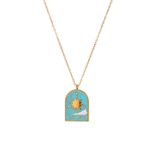 18K gold plated stainless steel sun and clouds tarot necklace with blue enamel pendant