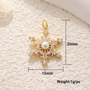 Detailed view of 20mm gold snowflake pendant with pearl and zircon inlay for DIY jewelry