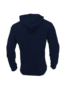 Rear view of men's navy blue hooded sweatshirt in twill cotton with button placket detail