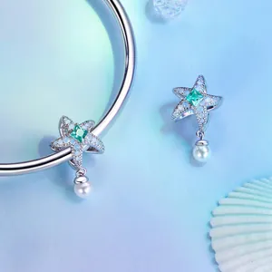 Starfish pendant in S925 sterling silver with green gemstone and white pearl dangles
