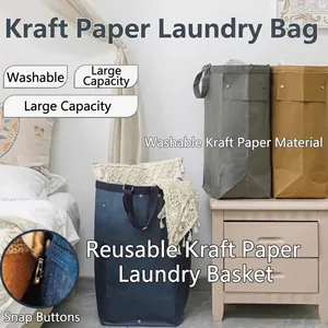 Eco-friendly washable kraft paper laundry basket with handles and metal snaps
