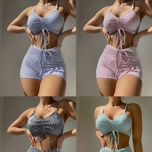 Costume Da Bagno A Righe Donna Coulisse Vita Alta Pantaloncini Bikini Top E Bottom Poliestere Spandex Beachwear