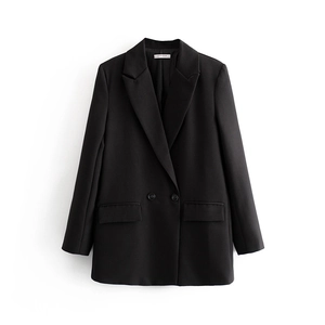Detail view of black double-breasted blazer showing lapel collar and side pocket flaps