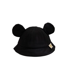 Warm black toddler bucket hat with cute 3D round ears and a crown tag for kids