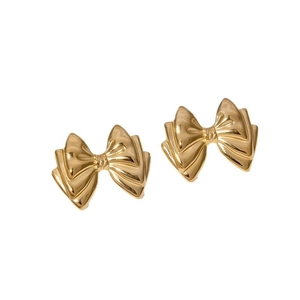 Elegant gold bow-shaped stainless steel stud earrings on a clean white background